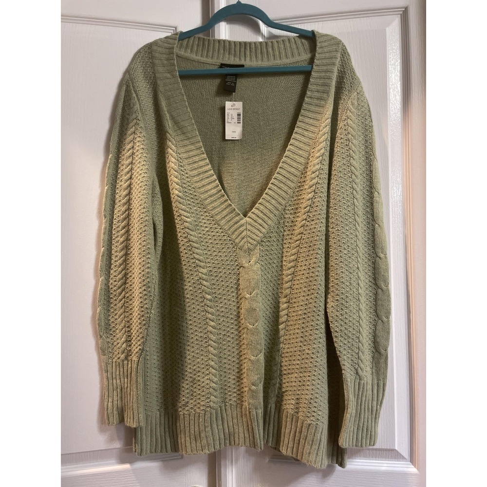 Lane Bryant Sweater Womens 18/20 Green Cable Knit V Neck Pullover Plus Angora